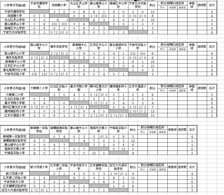 "建行善融杯"校园足球联赛(小学男子丙组)积分表