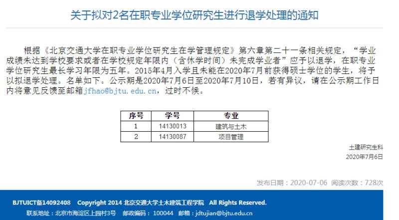 通知提到,根据《北京交通大学在职专业学位研究生在学管理规定》第六